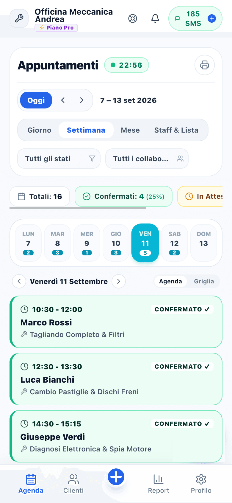 Schermata reale dell'agenda mobile di MyReminder con vista giornaliera e schede complete